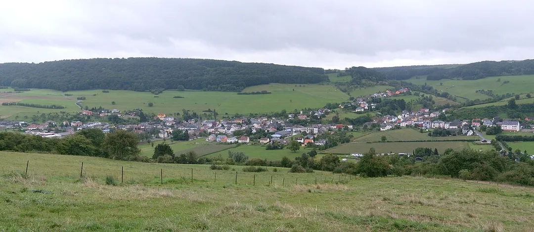 Panoramic view on the village of Gilsdorf, Luxembourg. View from north-west.