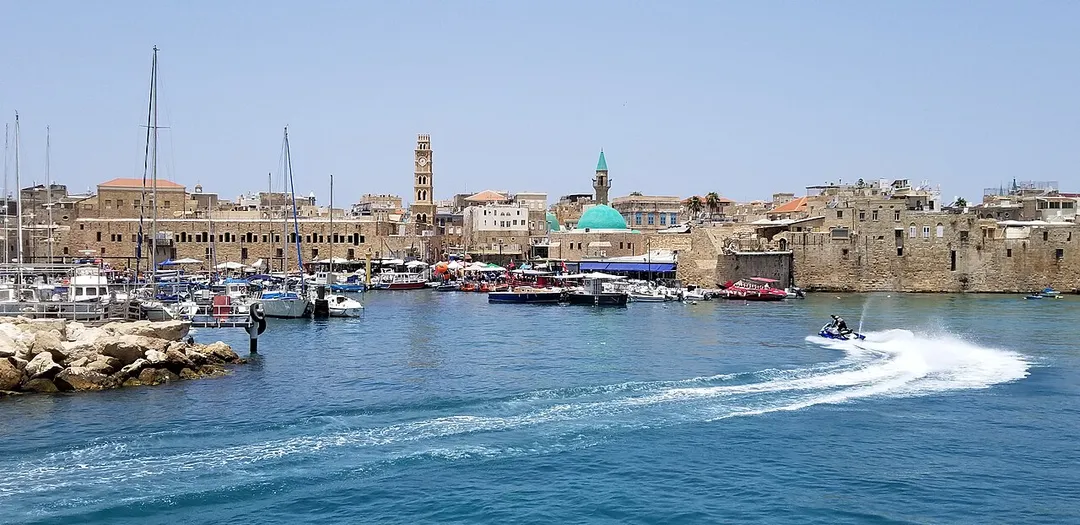 View of Acre harbor, also known as Akka and Akko, June 2023, Israel