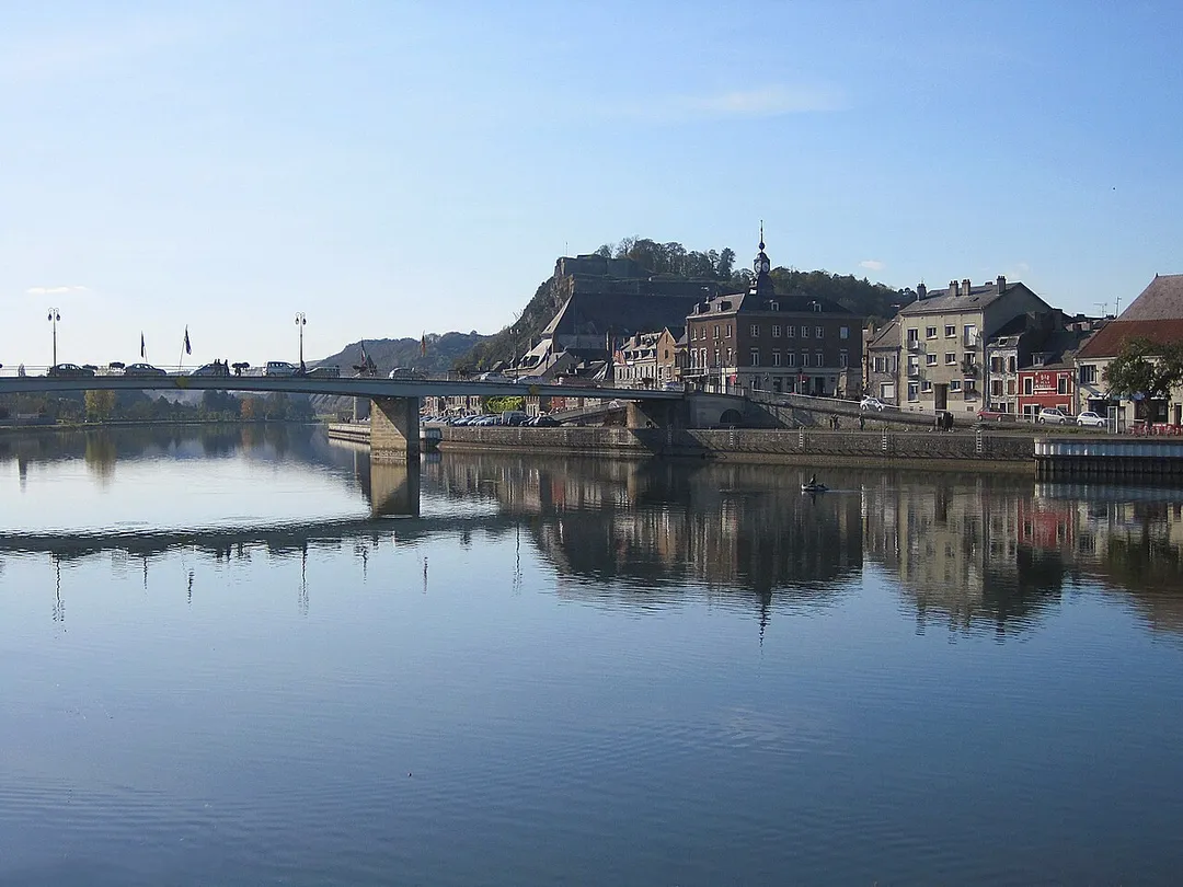 The Meuse, the American Bridge, the Quai des Remparts, the Saint-Hilaire quarter and the Fort Charlemont in Givet (Ardennes department, France)