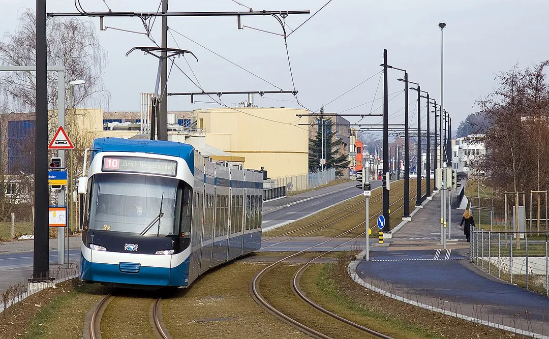 VBZ Cobra tram on the recently completed second stage of the Glattalbahn just before the Glattbrugg Unterriet stop.