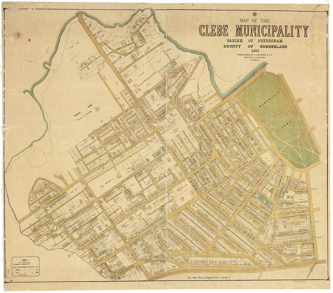 Map of the Glebe Municipality, Parish of Petersham, County of Cumberland, Sydney, 1888, published by J.J. Byrne &amp; Co., , vintage glass negative, State Library of New South Wales, Z/M4 811.1823/1888/1