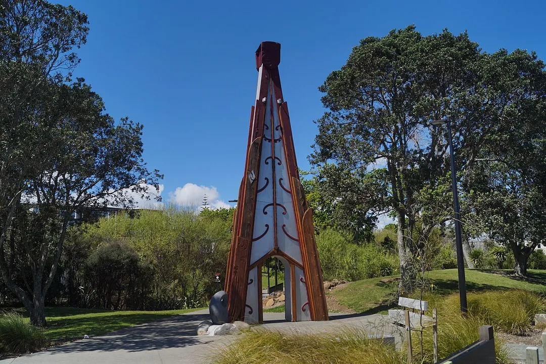 A Maori sculpture standing at the entrance of Eastview Reserve in Glen Innes, Auckland, New Zealand.