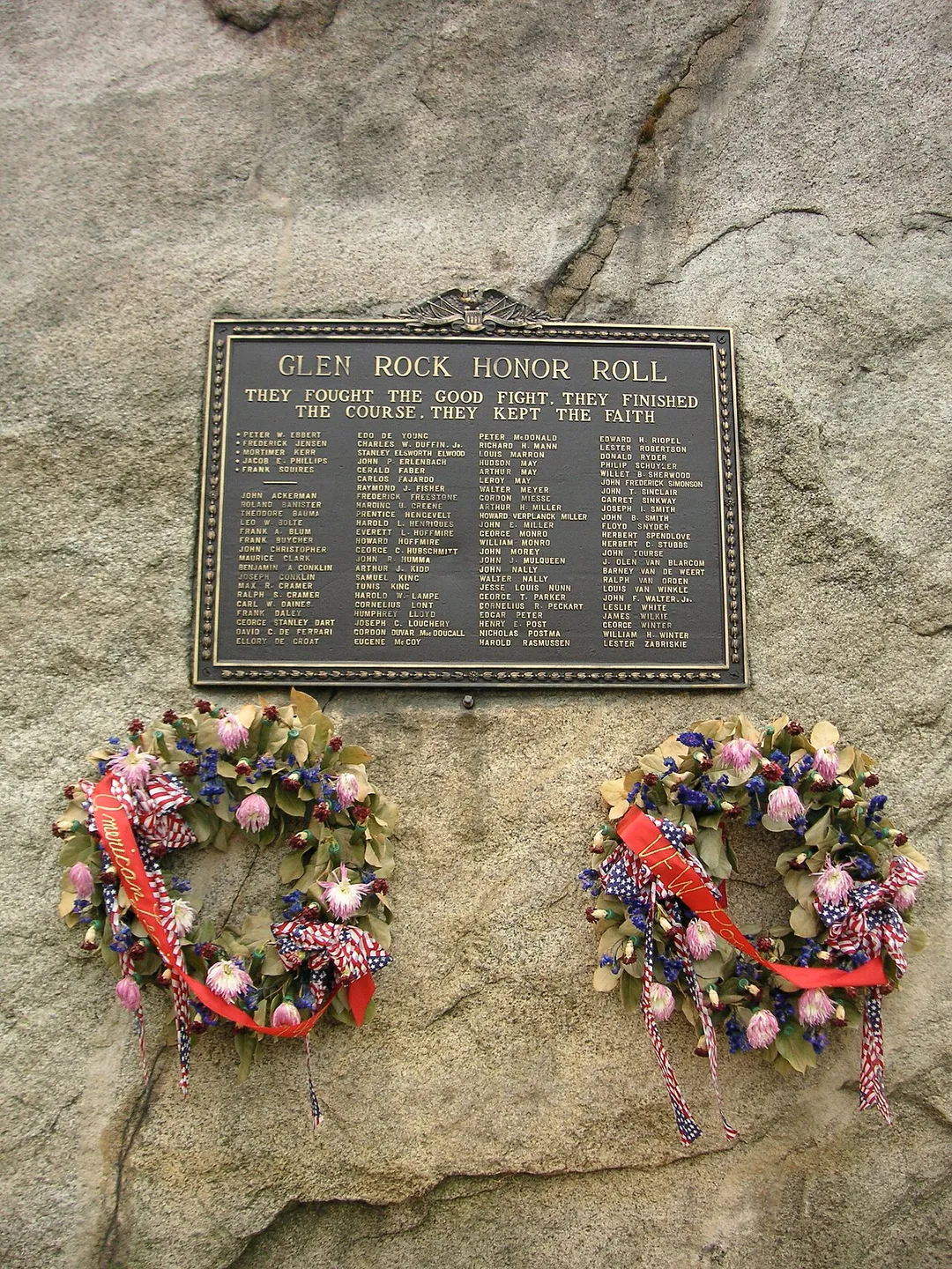 This is a 2007 photograph of a monument to residents of Glen Rock who died in World War I. The monument was installed in the early 1920s on the Glen Rock, the eponymous boulder of .