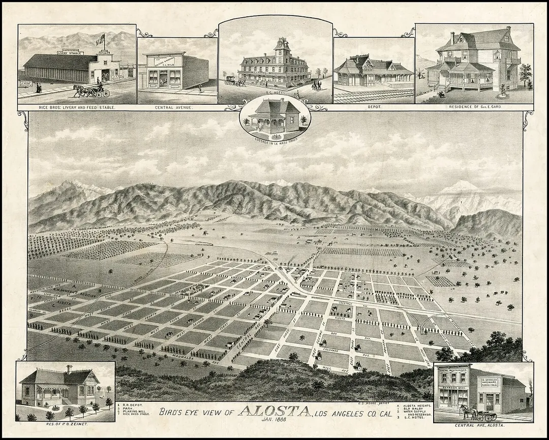 Early bird's eye view of Alosta and Glendora, California from the south.   The view shows the town less than 8 months after the founding of Alosta in early 1997 and Glendora, on April 1887.
The view extends from Maunaloa Avenue in the foreground to Mountain View in the west, East Seventh Street in the east and Olive Avenue in the North. The center of town is Central Avenue. This plan grid can still be seen today. Mauna Loa Avenue, Walnut Avenue and Colorado Avenue still appear on the map. Alosta Avenue or Chestnut are now Route 66. Central Avenue would appear to be Glendora Avenue.

The primary image is a view from Alosta Heights looking over the town, with the railroad at the left, fruit orchards in distance and the San Gabriel Mountains beyond.  The view includes inset views of the Rice Brothers Livery and Feed Stable, 2 different views of buildings on Central Avenue, S.C. (Southern California) Hotel, a Cottage in the Le Mars Tract, the Railroad Depot, and the Residences of George E. Gard and P.O. Zeimet.