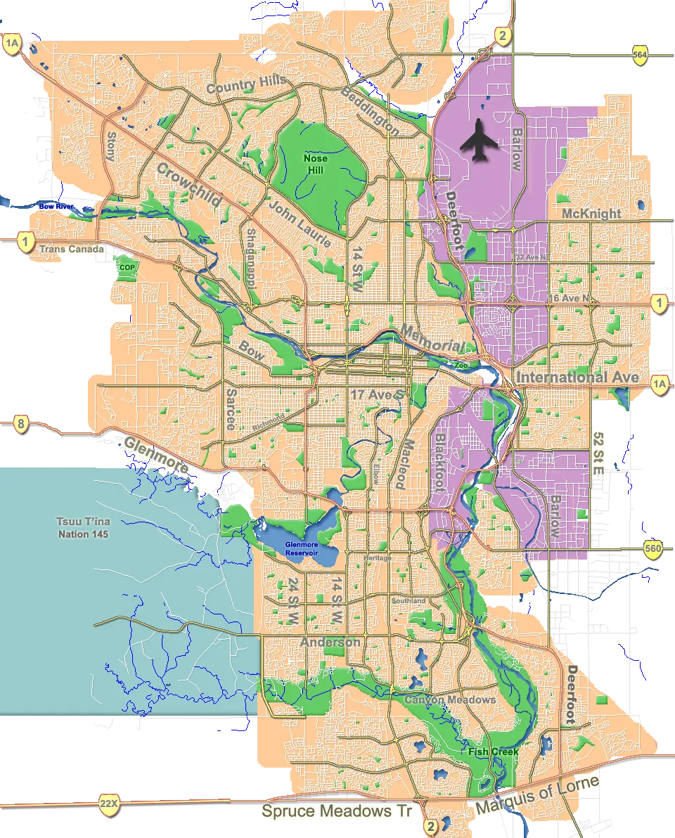 Outline map of Calgary.