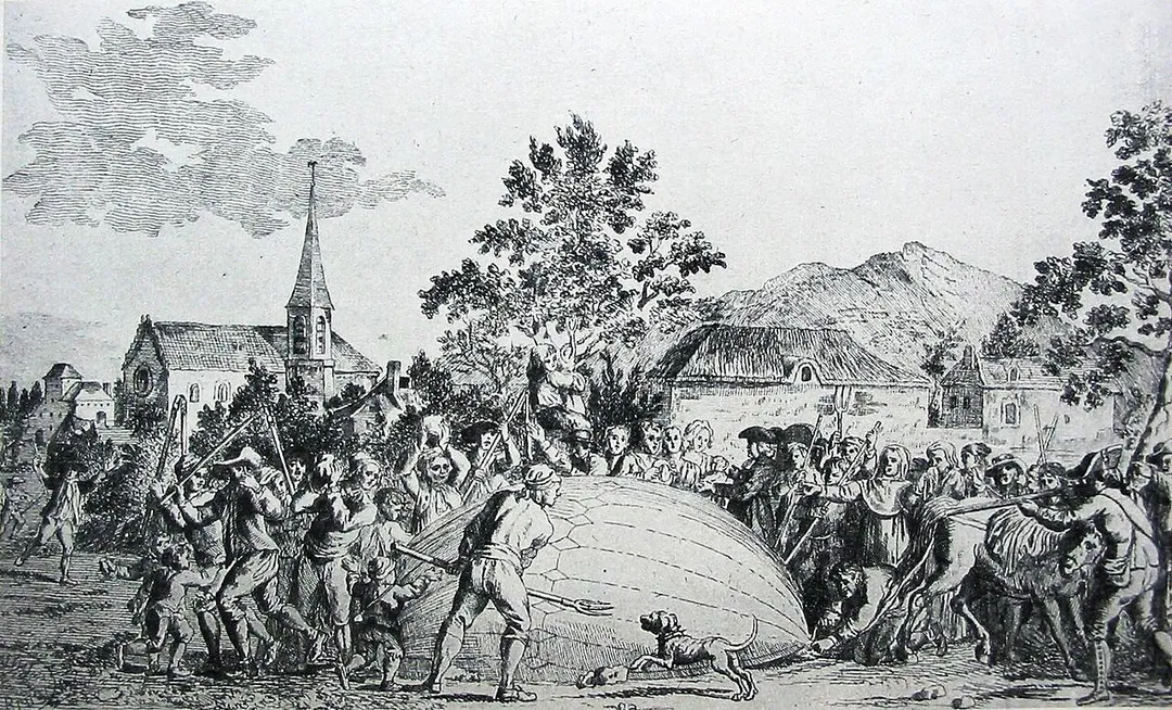 The balloon built by Jacques Charles and the Robert brothers is attacked by terrified villagers in Gonesse.