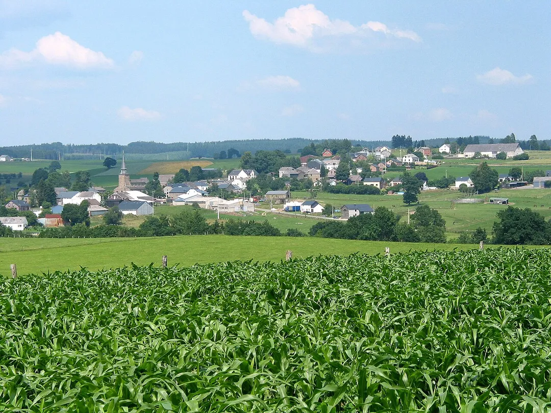 Cherain, Gouvy, Belgium, the village surrounded by its meadows and farm fields.