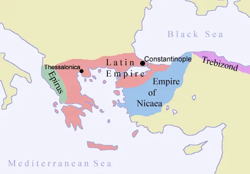 Byzantine Empire after the 4th Crusade. The Latin Empire, Empire of Nicaea, Trebizond and Epirus. Borders are very uncertain.