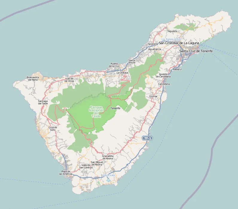 Map of Tenerife
Geographic limits of the map:

N: 28.623°
S: 27.951
W: -16.971°
E: -16.1°

 This file is licensed under the Creative Commons Attribution-Share Alike 2.0 Generic license.
You are free:
to share – to copy, distribute and transmit the work
to remix – to adapt the work
Under the following conditions:
attribution – You must give appropriate credit, provide a link to the license, and indicate if changes were made. You may do so in any reasonable manner, but not in any way that suggests the licensor endorses you or your use.
share alike – If you remix, transform, or build upon the material, you must distribute your contributions under the same or compatible license as the original.https://creativecommons.org/licenses/by-sa/2.0CC BY-SA 2.0 Creative Commons Attribution-Share Alike 2.0 truetrue