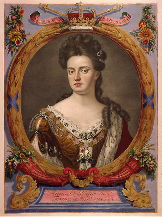 Portrait of Anne of Great Britain (1665-1714), in a tinted engraving from an atlas commissioned by Augustus the Strong (King of Poland and Elector of Saxony), 1706-1710.