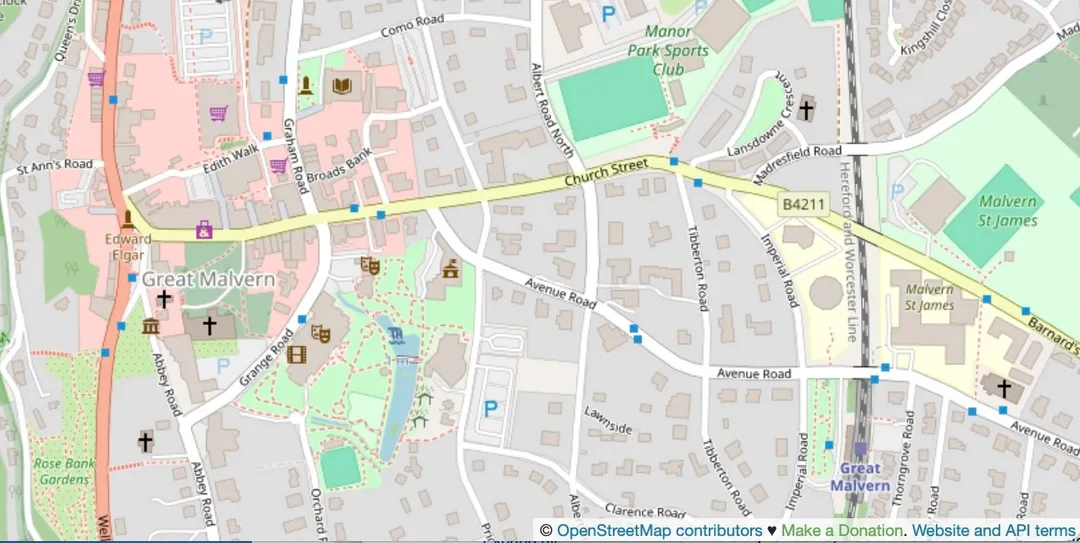 Street map of the area of Great Malvern within the town of Malvern, UK