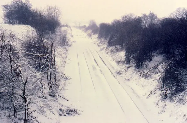 Railway Line, Great Wyrley Looking towards Bloxwich from the Holly Lane railway bridge on a freezing cold day in February, 1985.