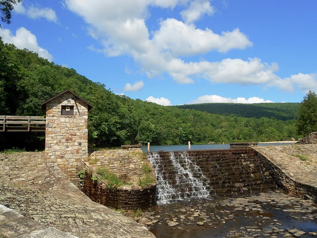 Greenwood Lake Dam in Huntingdon County, Pennsylvania. Listed on the National Register of Historic Places