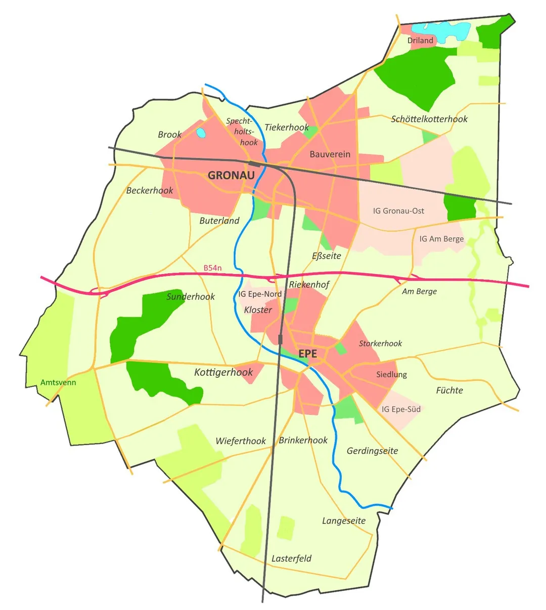 Gronau, North Rhine-Westphalia, and Epe map with streets and names of districts/quarters