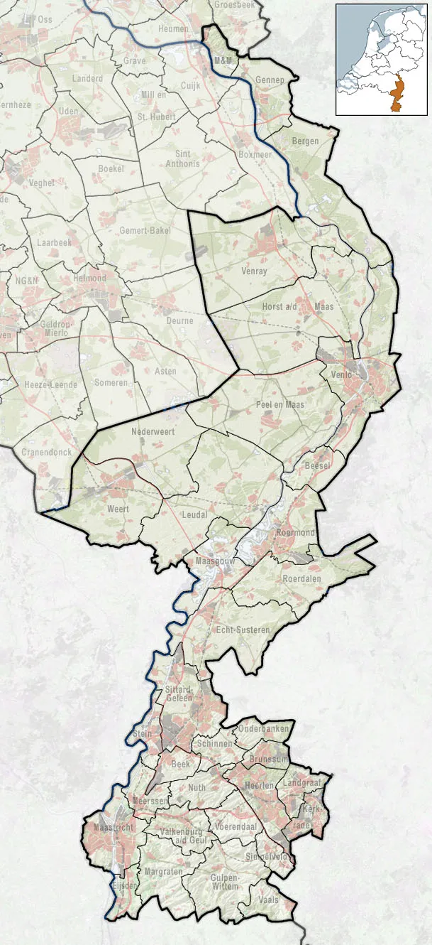 Referentiekaart van Provincie Limburg, met indeling van gemeenten (2010) en impressie van het landschap.
Door Jan-Willem van Aalst, samengesteld uit publiek beschikbare geo-data:

Referentie-ondergrond (kustlijn, steden, wegen) gerasterd uit de OpenStreet Map OSM. (http://www.openstreetmap.org/index.html) Inhoud is beschikbaar onder de Creative Commons Attribution-ShareAlike 3.0 license.
Referentie-ondergrond op water bewerkt vanuit http://satfoto.geoserve.nl/false-nl/index.html. Gebruik is vrij met bronvermelding NLR en ESA.
Vectorgrenzen van gemeenten en regio's vrij ter beschikking gesteld met dank aan cartografen van brandweerregio's Hollands-Midden en IJsselland; gerasterd in Photoshop.
Hoogte-aanduidingen (reliëf) gerasterd uit de AHN Viewer (http://www.ahn.nl/kaart/); gebruik is vrij met bronvermelding (c) AHN, www.ahn.nl;
Overige kenmerken op de kaart: eigen tekenwerk van Jan-Willem van Aalst, op basis van gerasterde gemeentegrenzen.