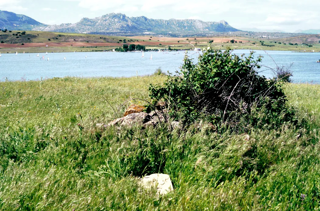 Placer de Ver Rock and Pedrezuela [or El Vellón] Reservoir with sailboats; in the background, la Sierra de La Cabrera . Guadalix de la Sierra, Madrid, Spain