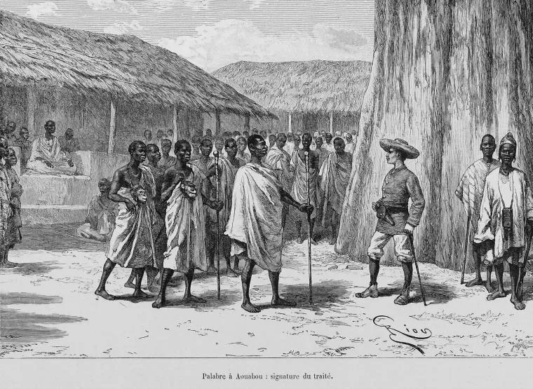 Louis-Gustave Binger of French West Africa in 1892 treaty signing with Famienkro leaders, in present day N'zi-Comoé Region, Côte d'Ivoire.