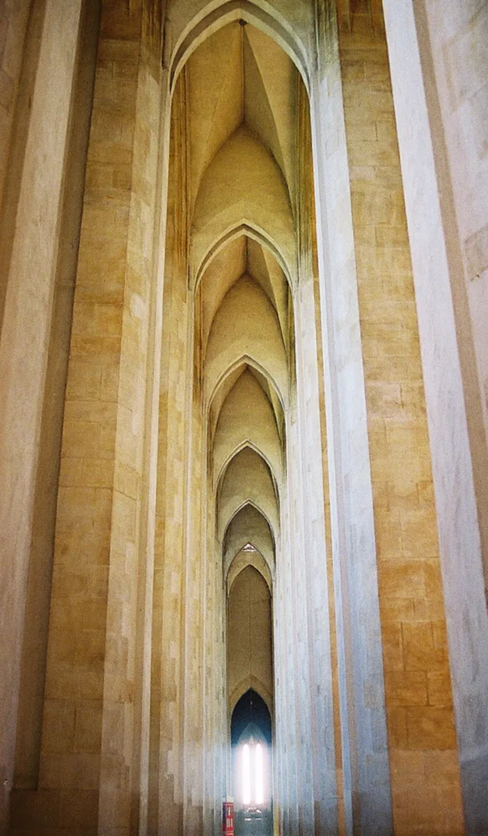 Guildford Cathedral: The vaulting of the South Nave side aisle, looking west towards the baptistery.