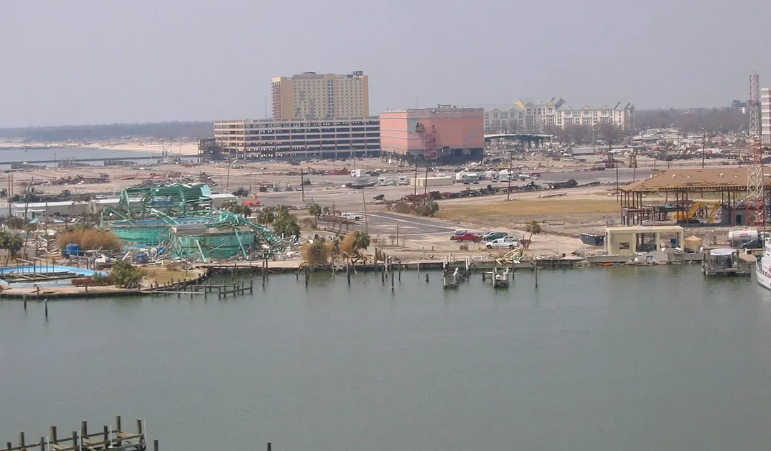 Looking west from Gulfport, Mississippi port facility, 2 weeks after Hurricane Katrina. Marine Life Oceanarium (left), Copa Casino (center), and Gulfport Grand Casino parking garage and hotels (center background).  The Copa Casino was a floating barge that washed ashore during the storm and was demolished.  Marine Life Oceanarium was destroyed by the storm and was not rebuilt.  The Grand Casino was sold and became the Island View Casino.