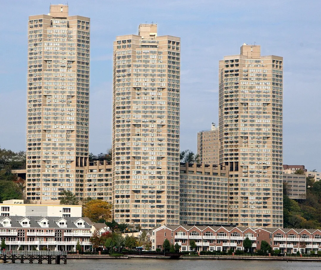 View of the Galaxy Towers in Guttenberg, New Jersey from the Hudson River.