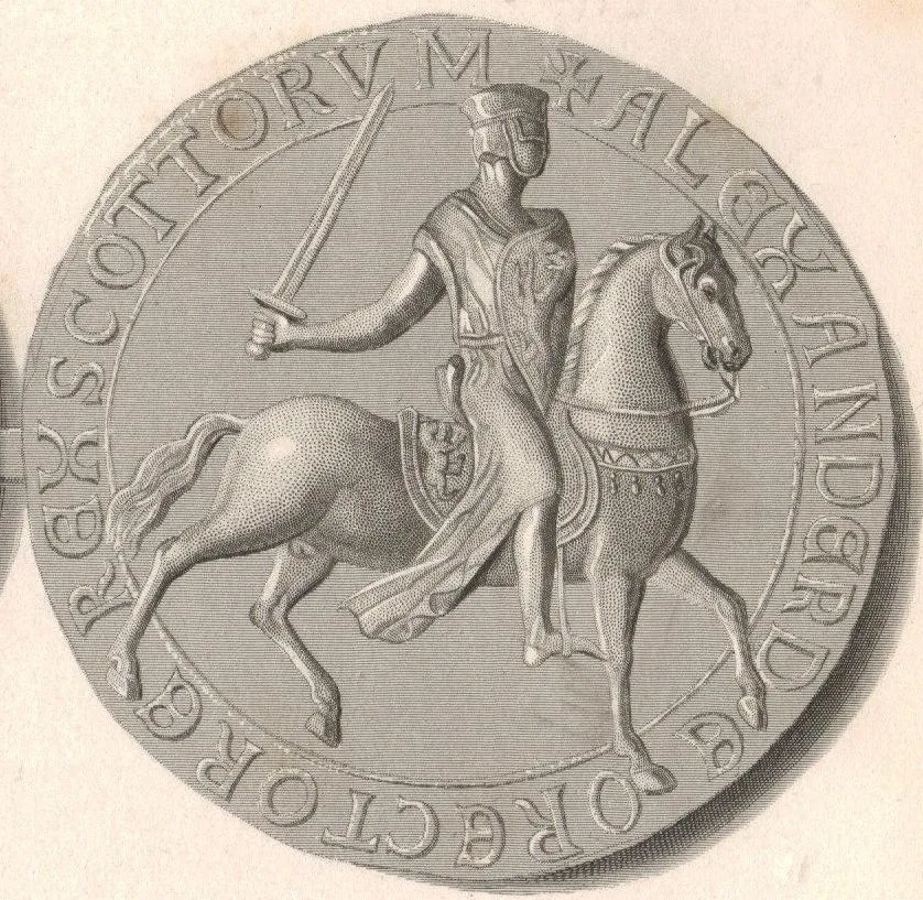 Steel engraving and enhancement of the Great Seal of Alexander II, King of Alba (Scotland).