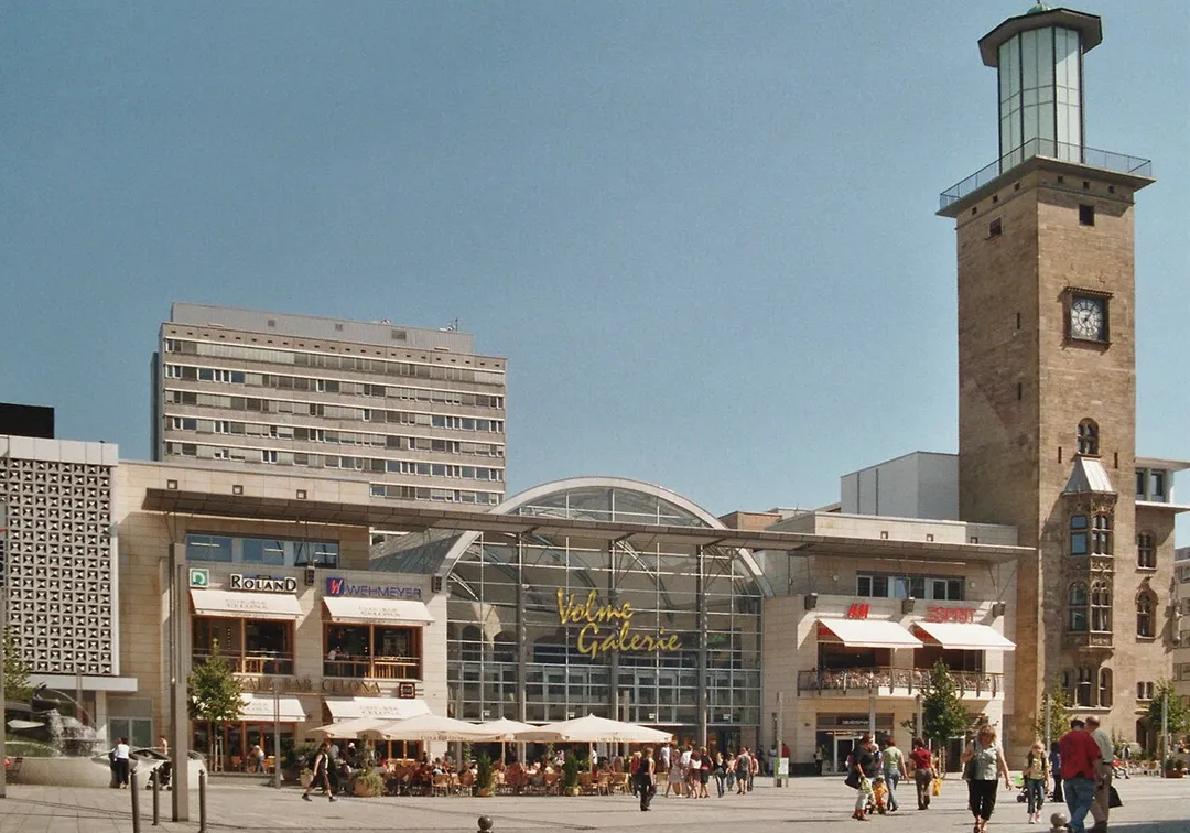 Hagen, Friedrich Ebert square with town hall tower and Volme shopping mall