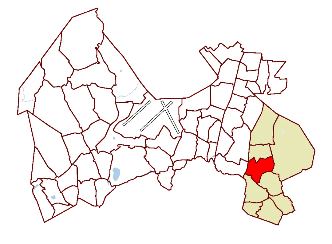 District of Hakunila (marked red), within Hakunila service area (marked light brown) in Vantaa, Finland