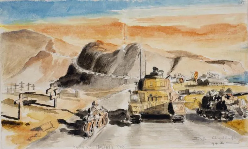Halfaya Pass
image: A view of the back of a tank driving along a desert road, closely followed by a military motorbike. They appear to
be following a convoy of vehicles driving ahead on a road that winds around some hills in the distance. Along one side of the road there

are crosses in the sand. On the other side there is a burnt-out German tank and further along, some ruined buildings.
