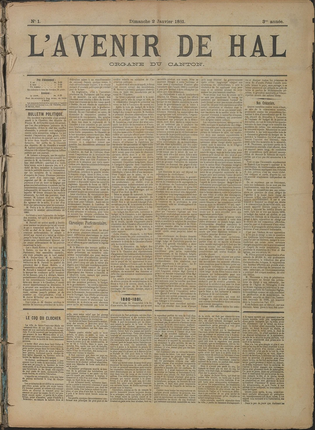 Fragment uit l'Avenir de Hal van het jaar 1881. Bewaard in de Universiteitsbibliotheek Gent.