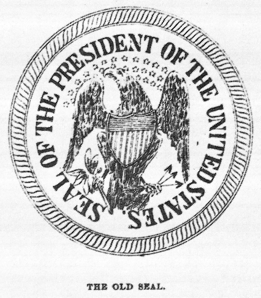 An old version of the Seal of the President of the United States, printed in an 1885 article in the magazine the Daily Graphic.  The text of the article indicated it was a smaller version of the 1850 seal (also pictured in the article), but the label "The Old Seal" and the fact it has 27 stars would seem to indicate it dates from around 1846, and was the seal the 1850 version replaced.