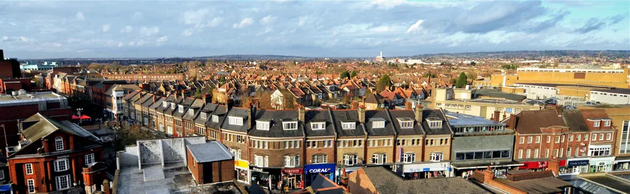 Panorama of Harrow-on-the-Hill (an area of north west London, England and part of the London Borough of Harrow) as shot from the top of Platinum House