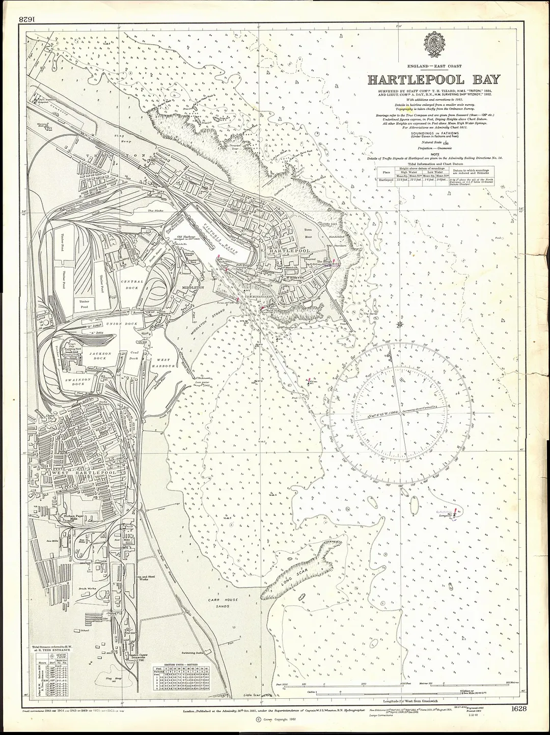 Nautical chart of Hartlepool Bay, at a scale of 1:8065. Surveyed by Staff Comdr. T.H. Tizard, H.M.S. Triton, 1884 and by Liet. Comdr. A. Day, H.M. Surveying Ship Fitzroy, 1932. Not current - not to be used for navigation!