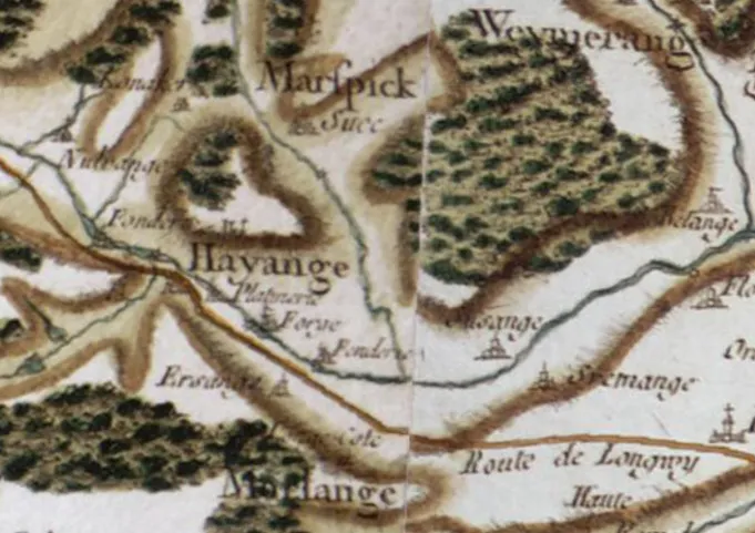 Hayange avec la fonderie, la platinerie, la forge et la fenderie le long de la Fensch, sur la carte de Cassini.
