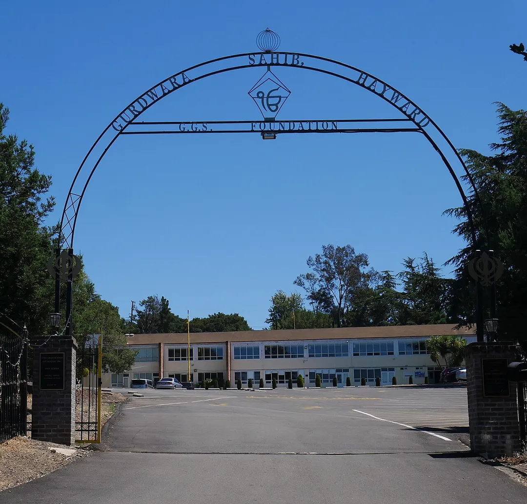 Front gate and building of Gurdwara Sahib in Hayward, California.