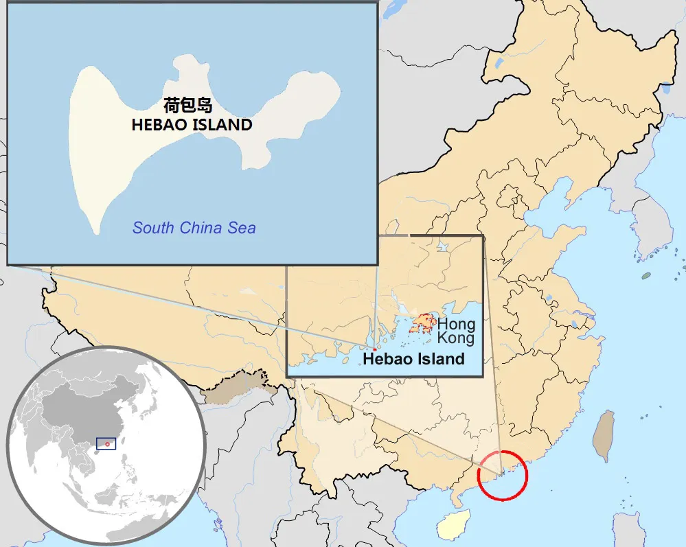 Map showing Zhuhai's Hebao Island's location in Asia, off China's south coast, and in relation to Hong Kong