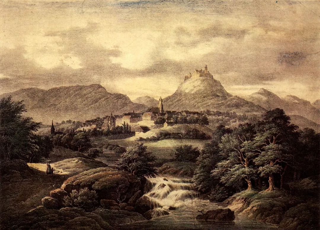 Litographie der Residenzstadt Hechingen mit Burg Hohenzollern.