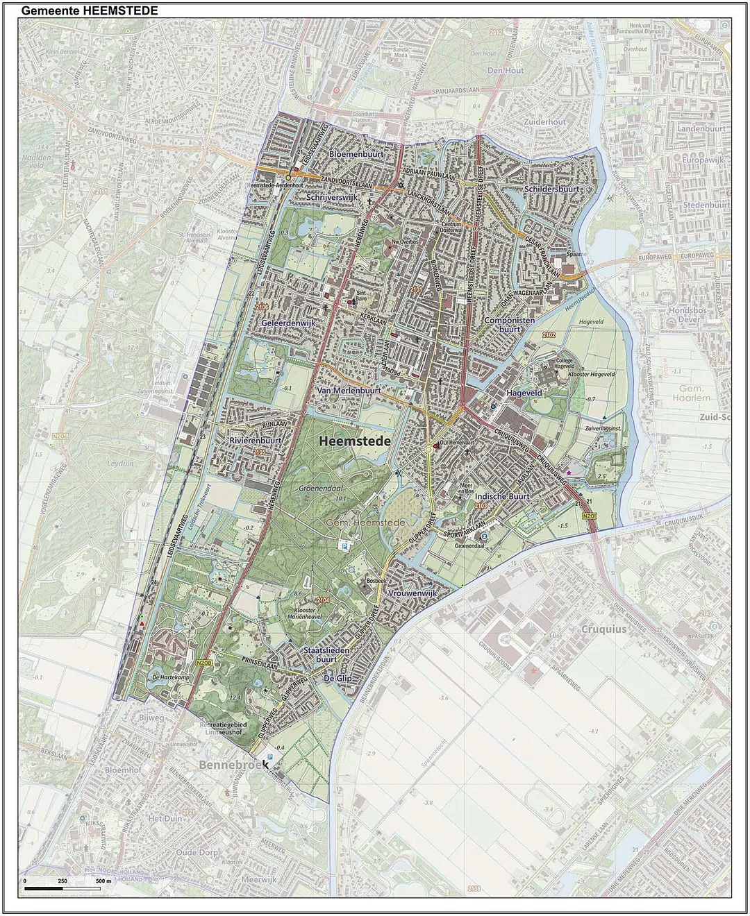 Topografische gemeentekaart. Resolutie: 400 pixels/km.
Kaartbeeld samengesteld uit de open geodata van de Top10NL en Top25namen (Kadaster), Creative Commons-BY licentie. Gebouwvlakken uit open geodata BAG extract. Wegen uit de OpenStreetMap, OpenStreetMap community. Reliëfschaduw uit de Actuele Hoogtekaart AHN2.
Samenstelling en kleurenschema: Jan-Willem van Aalst, met QGIS. Zie ook de Legenda.