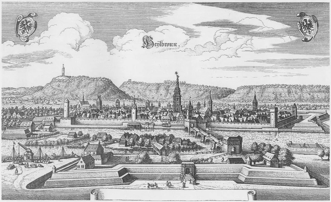 Heilbronn. Engraving from 1643, 34,5 x 20,5 cm, by Matthäus Merian, from the Topographia Sveviae.