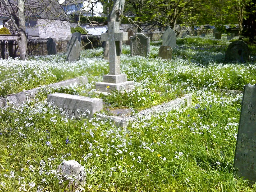 View of crypt and other headstones in graveyard of St. Michael's Church, Helston, Cornwall, in late springtime.