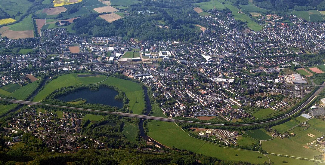 Aerial view of Hennef, Germany, in the foreground are river Sieg and Bundesautobahn 560.
