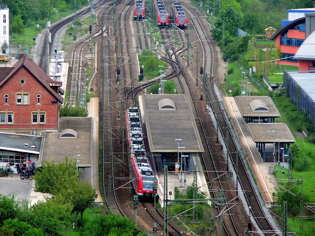 Railway station in Herrenberg, Germany. Seen from the tower of the church Stiftskirche