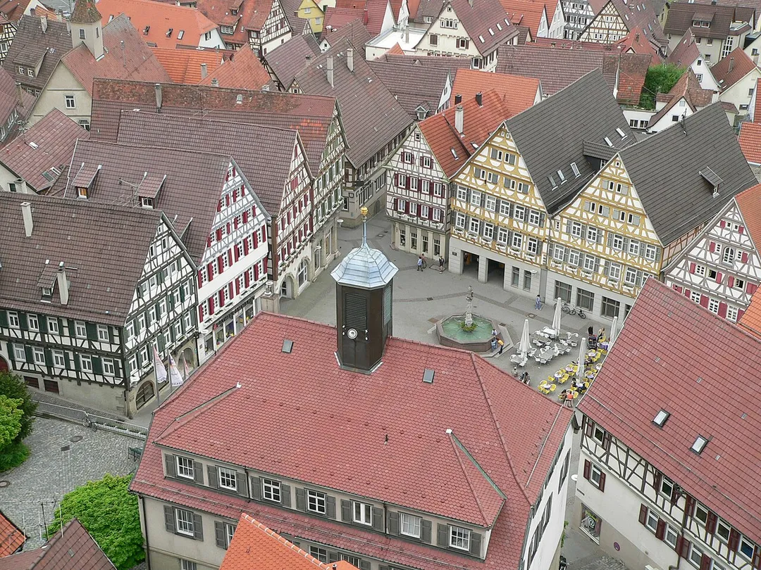 Market Square in Herrenberg, Germany, seen from the tower of the church Stiftskirche