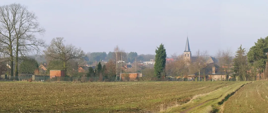 foto van een gedeelte van de dorpskern Herselt met in het midden de Sint-Servatiuskerk en links ervan het gemeentehuis.

Picture taken of Herselt, a village in Belgium in the middle of the picture is the Sint-Servatuiskerk