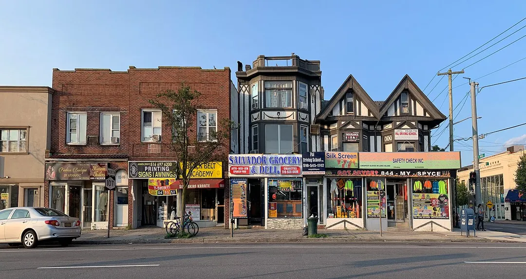 Buildings on Broadway, the heart of downtown Hicksville, New York.