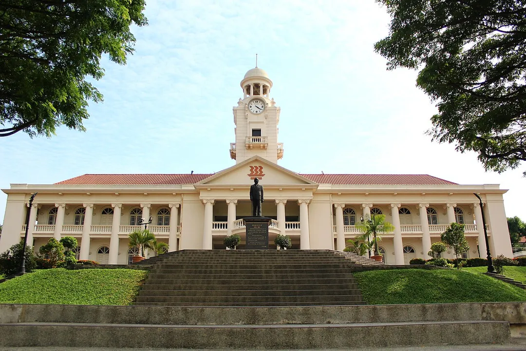 A front view of The Chinese High School Clock Tower Building, which is now part of Hwa Chong Institution.