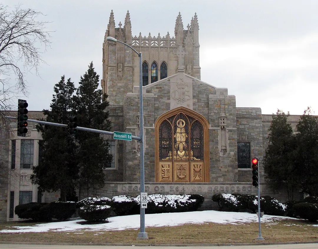 Queen of Heaven Mausoleum at corners of Wolf Road and Roosevelt Road, in Hillside, Illinois.