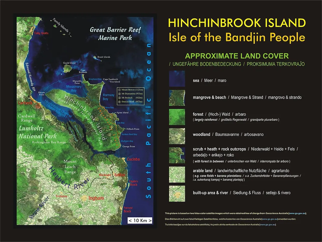 The map shows a recolored and labeled satellite image of Hinchinbrook Island and the nearby Australian mainland.