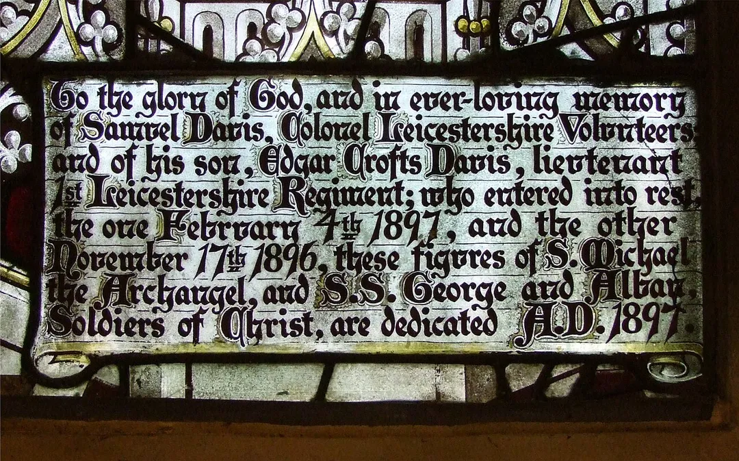 This inscription is part of a window in St Mary's church, Hinckley, Leicestershire