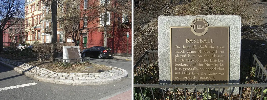 A historical marker at the intersection of 14th Street and Washington Street in Hoboken, New Jersey, the former location of Elysian Fields, where the first recorded game of baseball took place.  Photo by Luigi Novi. This photo may be used for any purpose, provided that the photographer is visibly credited in each instance where it is used. For further information on the Licensing requirements (See Licensing information below), contact me here.