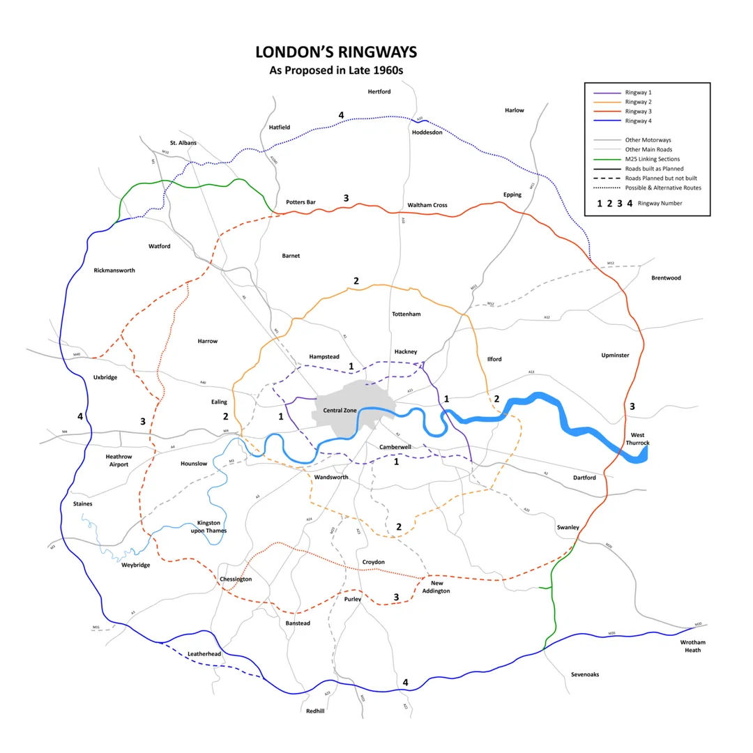 *London Ringways Plan from the late 1960s showing roads planned for Ringways 1, 2, 3 and 4 indicating those sections of roads that were built and those sections not built. --DavidCane 15:41, 4 February 2007 (UTC)
Revised to correct misnaming of Wrotham Heath as Wrotham Green. --DavidCane (talk) 00:29, 2 March 2008 (UTC)